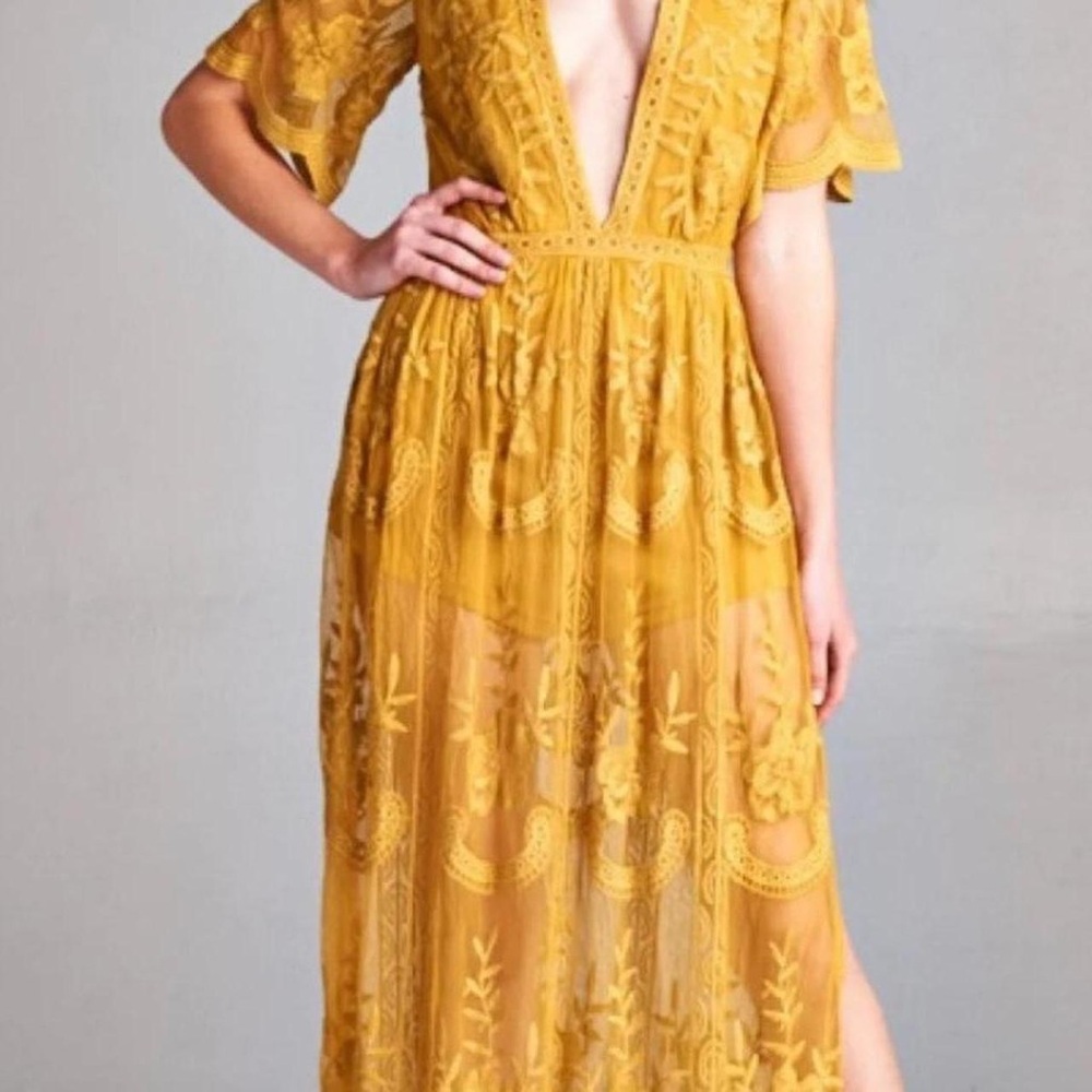 Elegant Mustard Yellow Lace Dress